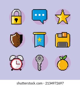 icon set pixel stuff include padlock