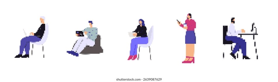 Icon set in pixel style showing people using laptops, tablets, standing, and sitting at desks.