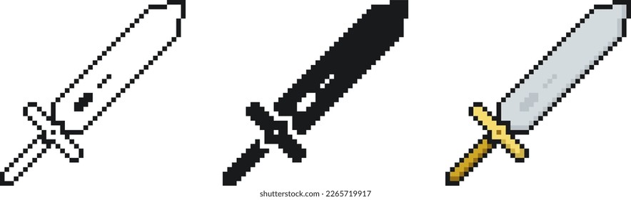 Icon Set of Pixelated Iron Sword (Outline, Black, Colored)