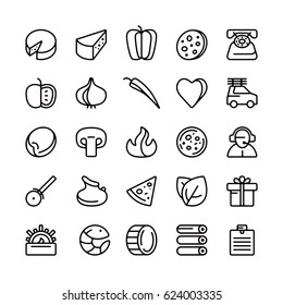Icon set for pizzeria. Ingredients and service badges in thin line style. Isolated on white background