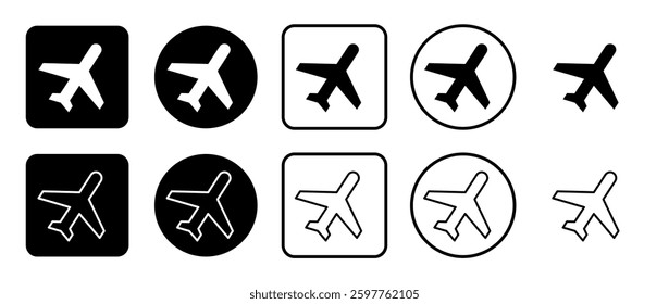 Icon set of plane symbol. Filled, outline, black and white icons set, flat style.  Vector illustration on white background
