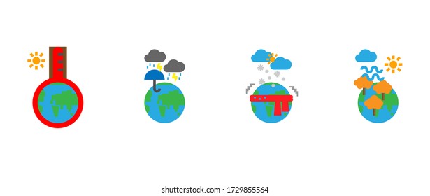 Icon set of planet earth in each season, hot summer, wet rainy, cold winter, windy autumn. 
