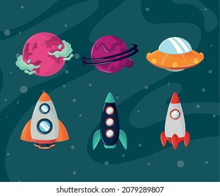 icon set planet space and rockets