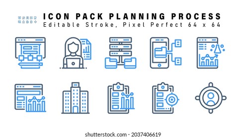 Conjunto de iconos del proceso de planificación Dos iconos de color. Contiene iconos como Data Scientist, Statistics, Office, Prediction, etc. Editable Stroke. 64 x 64 Pixel Perfecto