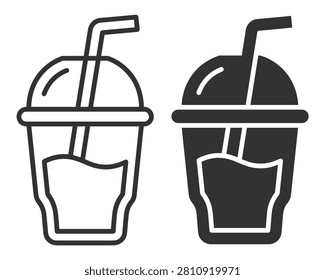 icon set of plastic cup with dome lid and straw for cold drink beverage on transparent background