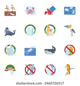 Icon set plastic pollution. related to environment symbol. Flat color vector icon isolated on white background.