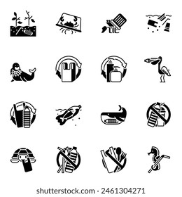 Icon set plastic pollution. related to environment symbol. Glyph vector icon isolated on white background.