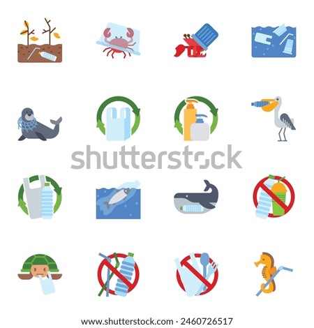 Icon set plastic pollution. related to environment symbol. Flat color vector icon isolated on white background.