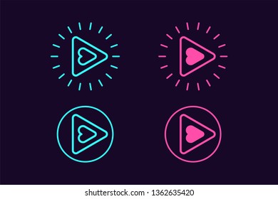 Icon set of Play button. Vector illustration of round Play sign with Heart inside and surrounded by rays or sparks. Isolated outline icon, sign, symbol. Azure and pink color