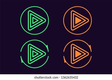Icon set of Play button. Vector illustration of round Play sign with repeating circular arrow. Isolated outline icon, sign, symbol. UI element. Green and orange color