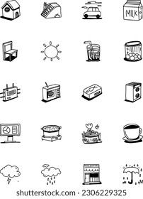 icon set,  play everything, doodle daily, hand drawn, kid and adventure