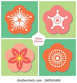 Icon set of Plum flower / cherry blossom. Spring flower vector illustration.