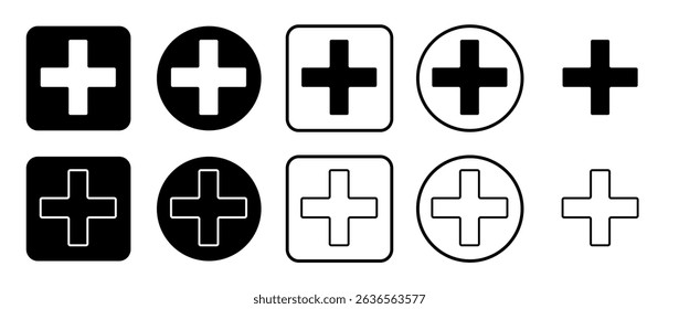 Icon set of plus symbol. Filled, outline, black and white icons set, flat style.  Vector illustration on white background