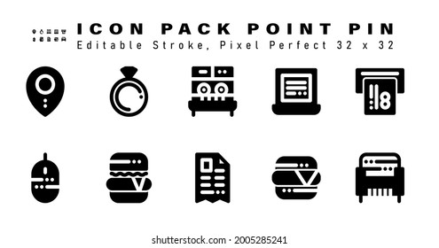 Icon Set of Point Pin Glyph Icons. Contains such Icons as Credit Card Payment, Mouse, Hamburger, Invoice etc. Editable Stroke. 32 x 32 Pixel Perfect