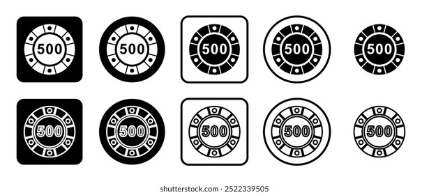 Icon set of poker chip symbol. Filled, outline, black and white icons set, flat style.  Vector illustration on white background