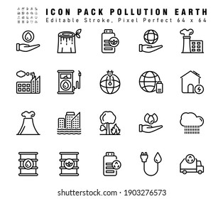 Icon Set of Pollution Earth Vector Line Icons. Contains such Icons as Office Factory, Bio Fuel,Sea Level etc. Editable Stroke. 64x64 Pixel Perfect