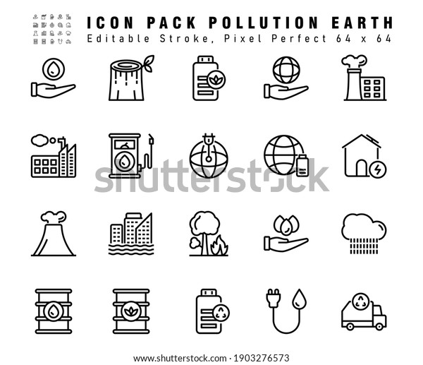 Icon Set of Pollution Earth Vector Line\
Icons. Contains such Icons as Office Factory, Bio Fuel,Sea Level\
etc. Editable Stroke. 64x64 Pixel\
Perfect