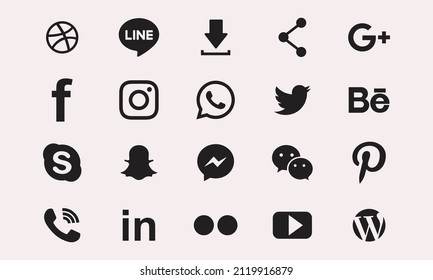 Conjunto de iconos de aplicaciones sociales populares con esquinas redondeadas. Los iconos de los medios sociales son un diseño moderno sobre fondo transparente para su diseño. Vector Set EPS 10