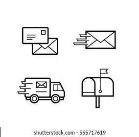 Juego de iconos para el servicio de envío postal y urgente. Iconos de vectores modificables de espesor de torsión para compañías de correo y carga. Todos los objetos vectoriales contienen trazo no expandido.