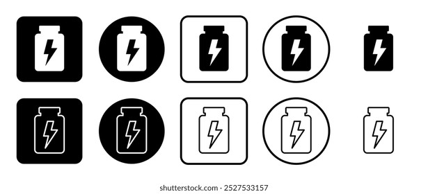 Conjunto de iconos de símbolo de tarro de energía. Relleno, contorno, conjunto de iconos en blanco y negro, estilo plano.  Ilustración vectorial sobre fondo blanco