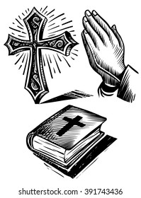Icon set of praying hands, Religious cross and Bible at doddle style. Christianity engraving.