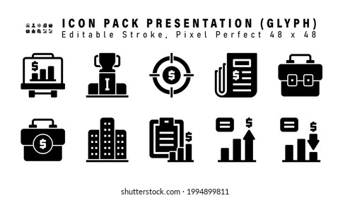Conjunto de iconos de presentación de iconos glifos. Contiene iconos como maleta, maleta de trabajo, edificio de oficina, portapapeles, etc. Apilamiento editable. 48x48 Perfecto para píxeles