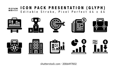 Icon Set of Presentation Glyph Icons. Contains such Icons as Suitcase, Work Suitcase, Office Building, Clipboard etc. Editable Stroke. 64 x 64 Pixel Perfect