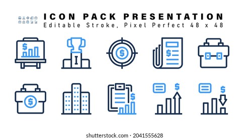 Icon Set of Presentation Two Color Icons. Contains such Icons as Suitcase, Work Suitcase, Office Building, Clipboard etc. Editable Stroke. 48 x 48 Pixel Perfect