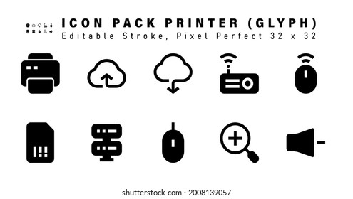 Conjunto de iconos de iconos de glifo de impresora. Contiene iconos tales como Wifi del ratón, Micro Sd, Almacenamiento, Ratón, etc. 32 x 32 Pixel Perfecto