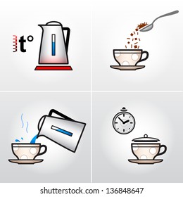 Icon set for process of brewing tea, coffee, etc. Vector drawing steps of making hot drinks.