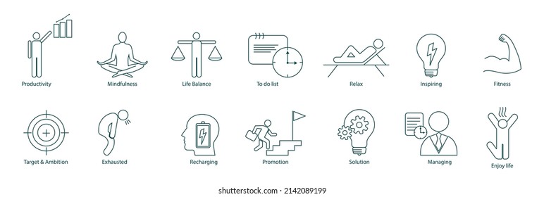 icon set of productivity, mindfulness, life balance, to-do list, relaxation, inspiring, fitness, target and ambition, exhaustion, recharging, promotion, solution, managing, enjoy
