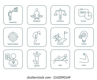 icon set of productivity, mindfulness, life balance, to-do list, relaxation, inspiring, fitness, target and ambition, exhaustion, recharging, promotion, solution, managing, enjoy