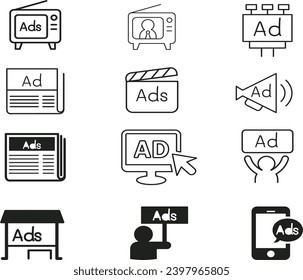 Icon set. Promotional advertising. Ads. Billboard advertising. Media advertising. Illustrations vector.