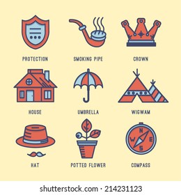 Icon set. Protection, Comfort, Tepee, Umbrella, Crown, Hat, Compass, Smoking pipe, Houseplant,House, Flower.