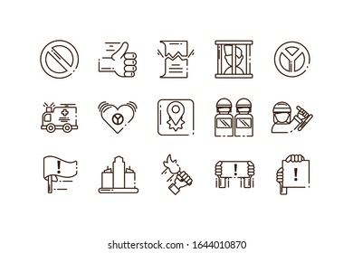 conjunto de iconos de protesta y concepto policial sobre fondo blanco, estilo de línea, ilustración vectorial