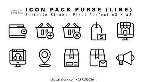 Icon Set of Purse Vector Line Icons. Contains such Icons as Shopping Basket, Label Tag, Online Shop, Online Music etc. Editable Stroke. 48x48 Pixel Perfect