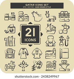 Icon Set Qatar. related to Holiday symbol. hand drawn style. simple design illustration.