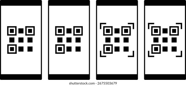 Conjunto de iconos con código QR en la pantalla del teléfono inteligente