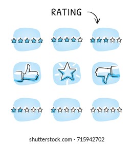 Icon set of quality and rating stars, from one to five stars rating, thumb up and thumb down gesture. Hand drawn sketch vector illustration, blue marker style coloring on single blue tiles.
