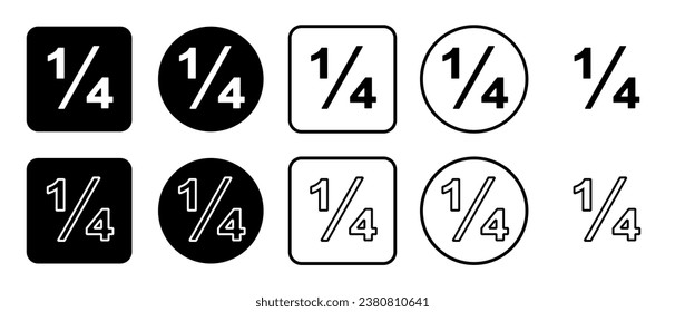 Icon set of quarter fraction symbol. Filled, outline, black and white icons set, flat style.  Vector illustration on white background