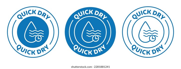 Icon set of the quick dry. Water drope with wave and clock sign in blue color. vector illustration