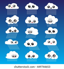 Icon set - rain clouds and rain against the blue sky. A set of frames in the form of clouds. Vector illustration.
