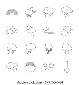 conjunto de iconos arco iris y clima sobre fondo blanco, estilo de línea, ilustración vectorial