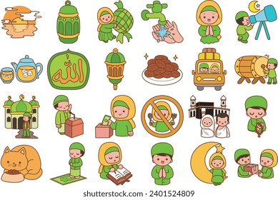 Icon set of Ramadan Kareem Icons Isolated on White Background. Vector Illustration. Moon, star, car, kabah, prophet, cat, mosque, donation, lantern, dates, drum, etc. Happy mubarak sticker icon.