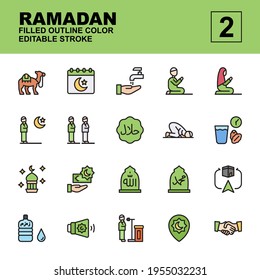 Icon set Ramadan made with filled outline color technique, contains a camel, salat, iftar, prayer, halal, qiblat, adzan, sujud, allowance and more. You can used for web, mobile and ui. Editable stroke
