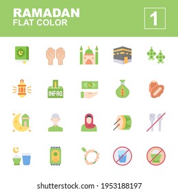 Icon set Ramadan made with flat color technique, contains a quran, mosque, pray, kaaba, allowance, zakat, muslim human, dates fruit, infaq, fasting and more. You can be used for web, mobile and ui.