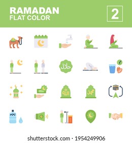 Icon set Ramadan made with flat color technique, contains a camel, ramadan day, salat, iftar, prayer, halal, qibla, zam-zam, adzan, allowance, sujud and more. You can be used for web, mobile and ui.