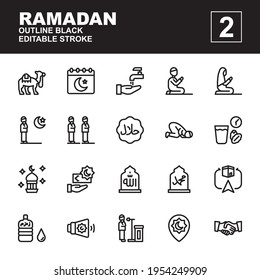 Icon set Ramadan made with flat color technique, contains a camel, salat, iftar, prayer, halal, qibla, adzan, sujud and more. You can be used for web, mobile and ui. Editable stroke and pixel perfect