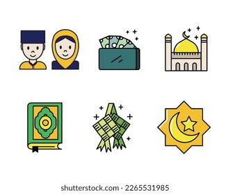 Icon set Ramadan made with flat color technique, contains a human, zakat, mosque, quran, ketupat, and moon and star. You can be used for web, mobile and ui.