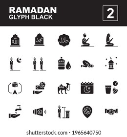 Icon set Ramadan made with glyph black technique, contains a camel, ramadan day, salat, iftar, prayer, halal, qiblat, zam-zam, adzan, allowance, sujud and more. You can be used for web, mobile and ui.